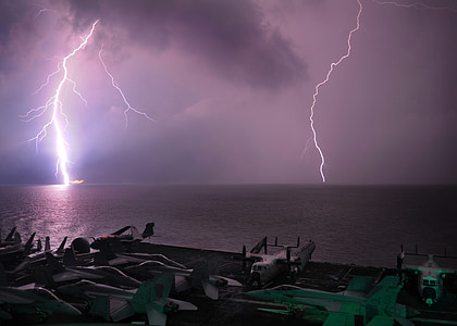 ship, navy, carrier, aircraft, lightning, storm, weather