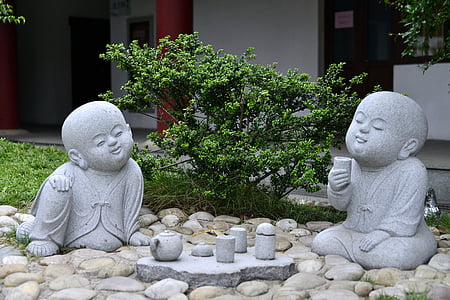 stone, novice, buddhism, tea, monastery, carving, cuteness