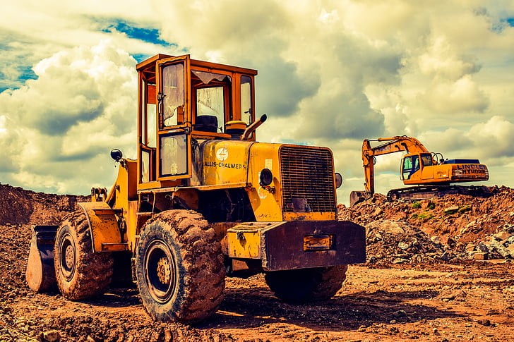 bulldozer, excavator, heavy machine, equipment, vehicle, machinery, yellow