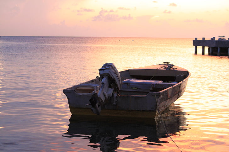 båt, solnedgång, docka