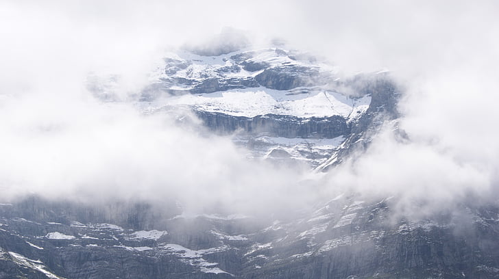mountain, eiger, switzerland, rock, snow, fog, sky
