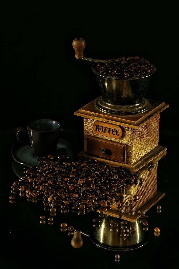 coffee, cup, millstone, grains, coffee beans, caffeine, roasted coffee bean