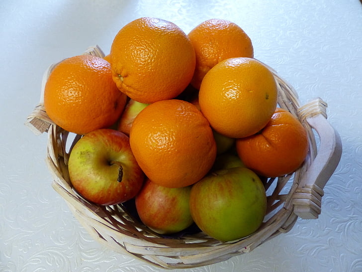vaisiai, oranžinė, obuolių, krepšys, drobė, lentelė