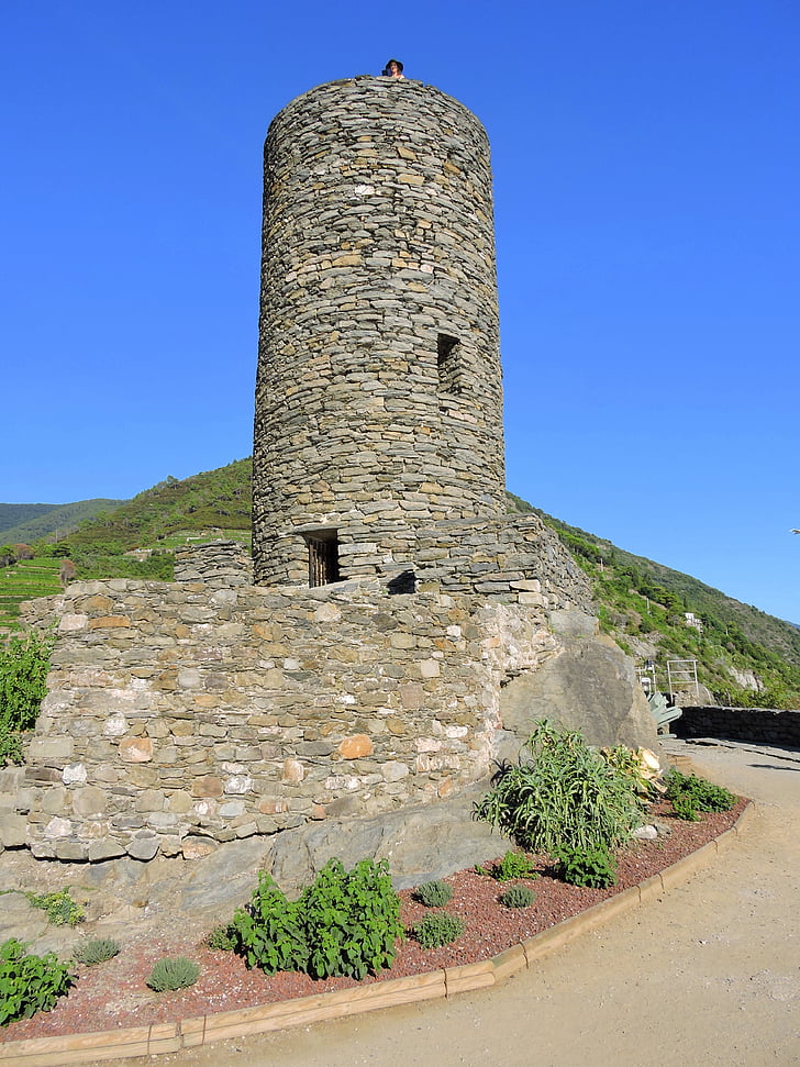 Torre, piedra, medieval, Vernazza, Cinque terre, Liguria, Italia