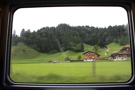 Tren, pencere, BLS, Alp, dağlar, ev, İsviçre