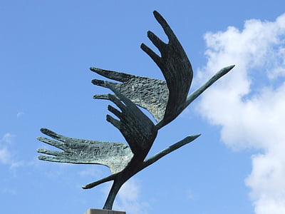 cranes, bronze, statue, figure, sculpture, sky