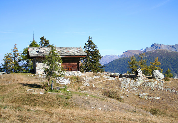 mountain hut, hiking, landscape, alpine, autumn, sky, nature