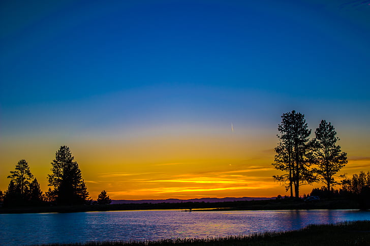 Horizon, Lake, Lakeside, landschap, zonsopgang, zonsondergang, bomen
