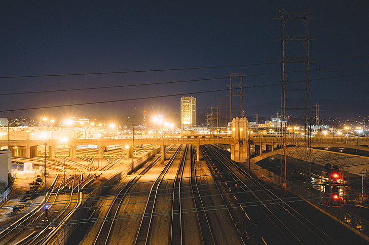industrin, natt, järnvägar, Rails, järnvägar, transport, trafik