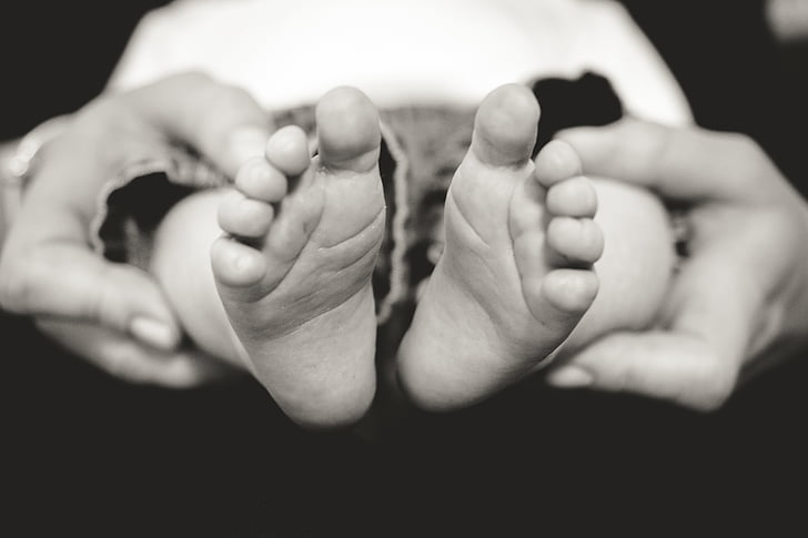 baby, kind, voeten, tenen, zwart-wit
