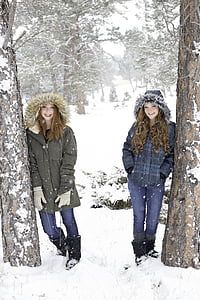sisters, redheads, winter, snowing, snow, outdoor, family