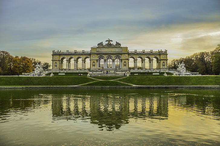 arkitektur, trädgård, Palace, Park, dammen, reflektion, Schönbrunn palace garden