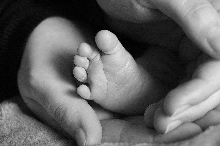 láb, baba, blackwhite, születési idő, kéz, nő, toe