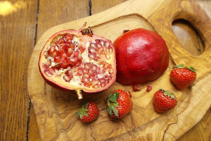 grenade, strawberry, wood, fruit, red, half