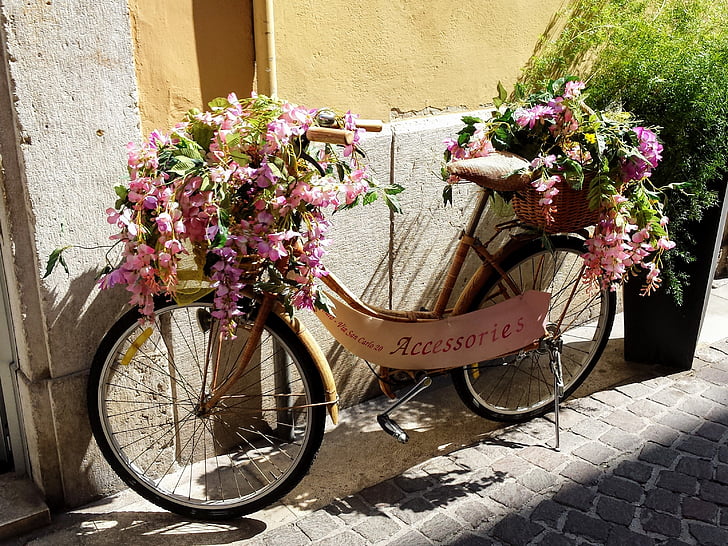 bicycle, flowers, italy, shop, lake garda, flower, summer