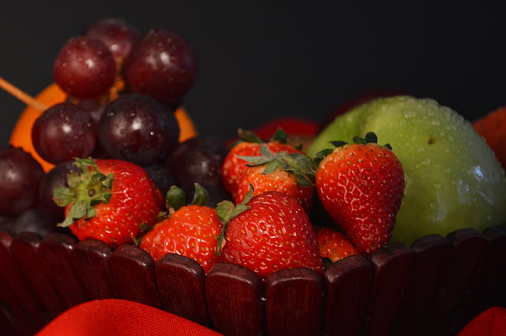 frukt, jordgubbar, druvor, jordgubbe, mat och dryck, fräschör, mat