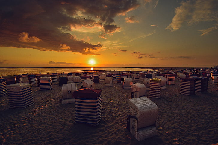 Borkum, solnedgang, strand stol