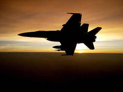 katonai jet, sziluettjét, repülő, naplemente, harcos, sík, Sky