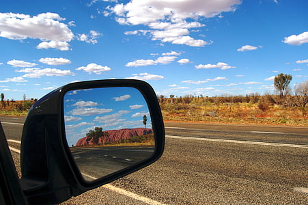 ayers rock, uluru, australia, outback, rear mirror, places of interest, travel
