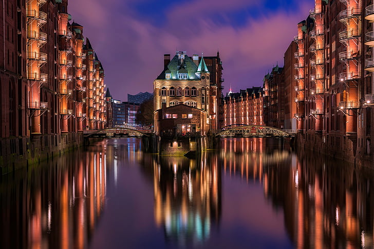 Hamburgo, Alemanha, cidade, urbana, edifícios, arquitetura, luzes