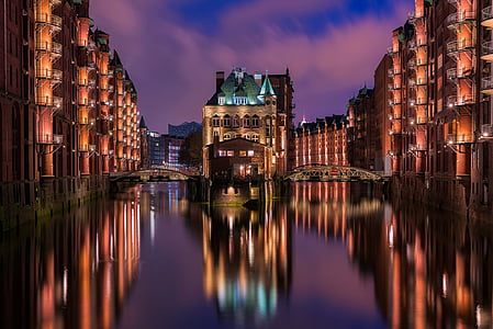 Hamburk, Německo, město, městský, budovy, Architektura, světla