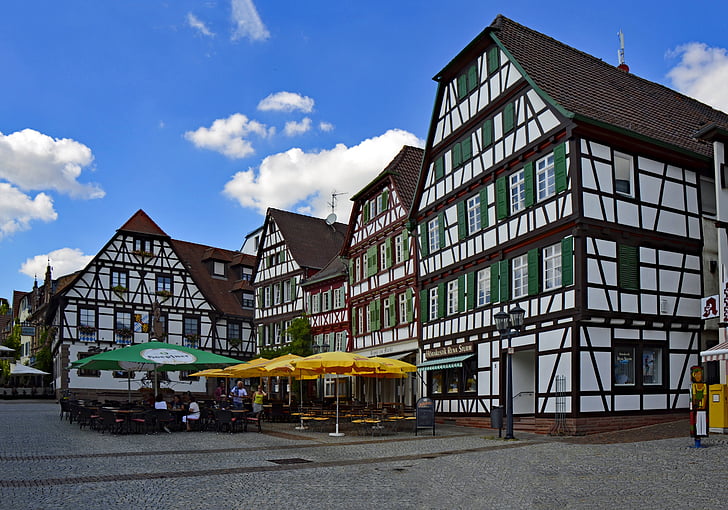 Bretten, Baden-württemberg, Jerman, kota tua, truss, fachwerkhaus, pasar