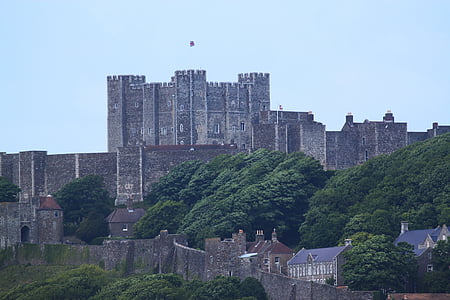 Dover, na, białe klify, Dover castle, portu dover, niebo, wody