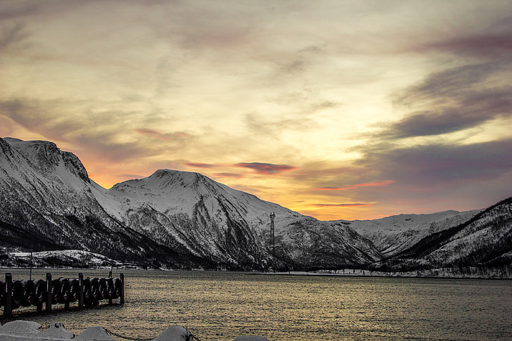mountainsides, fjord, sunset, port