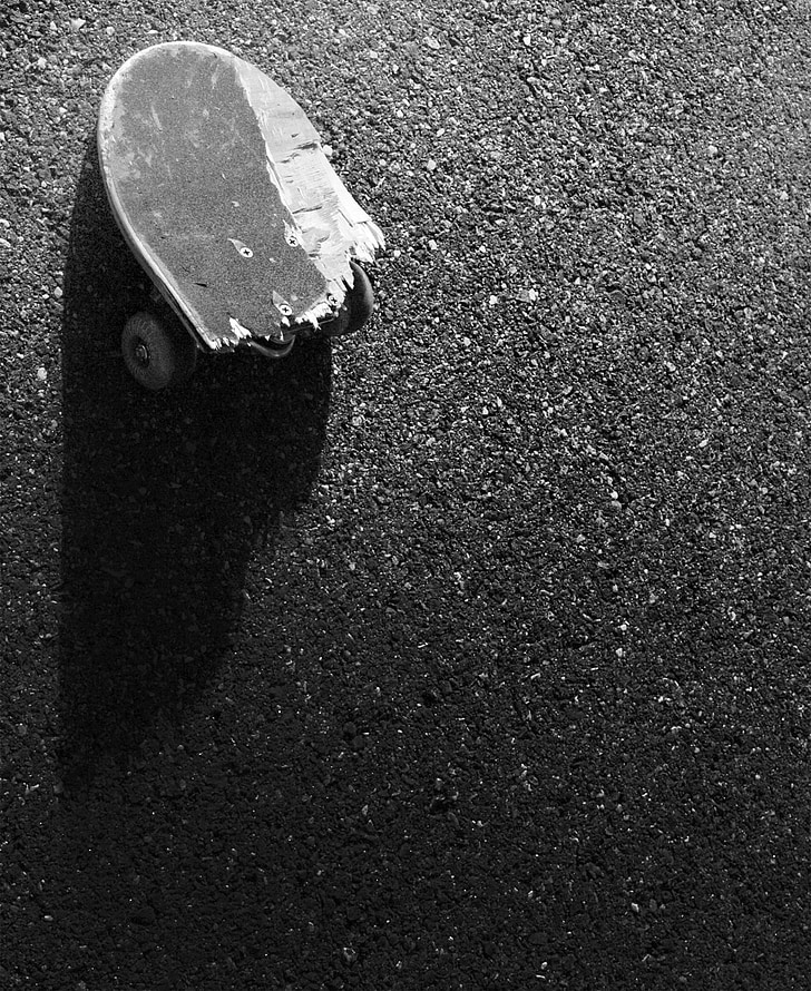 zdrobljen, skateboard, pločnik, beton, tla, ulica, asfalt