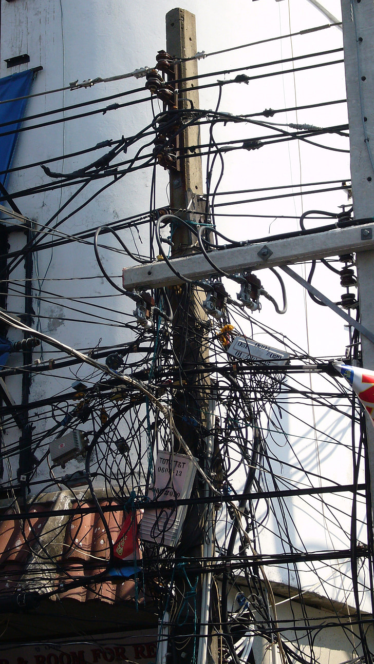 cable d'alimentació, Amanida de cable, nusos, strommast, caos, Unitat de distribució de potència, Tailàndia