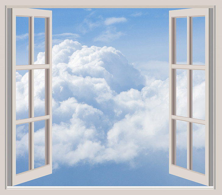 debesys, langas, rėmas, atidaryti, pro langą, scenoje per langą, purus