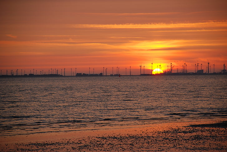 puesta de sol, posluminiscencia, Playa, Costa, Emden, Knock