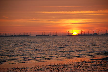 puesta de sol, posluminiscencia, Playa, Costa, Emden, Knock