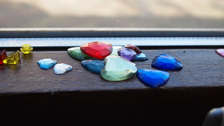 gemstones, sorting, window sill, colors