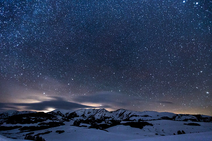 na sjevernoj hemisferi, noć, puni, zvijezde, planine, snijeg, zvijezda