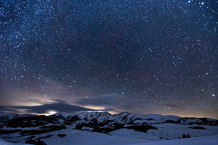 borealis, naktį, pilnas, žvaigždės, kalnų, sniego, žvaigždė
