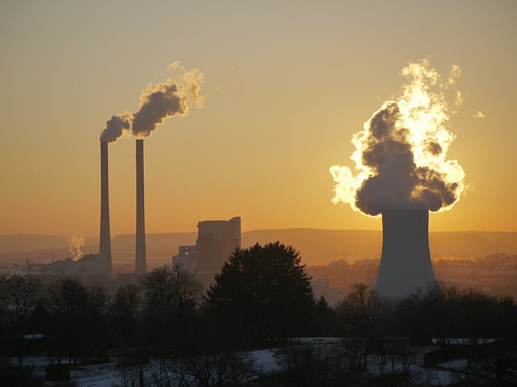 power plant, industry, flame, back light, dusk, industrial plant, cooling tower