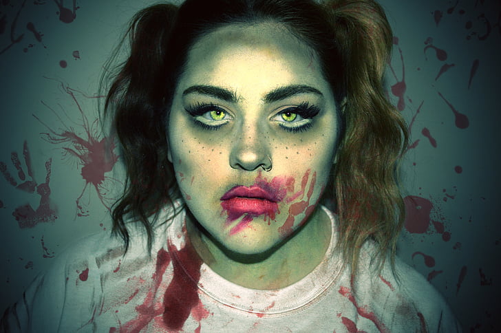 zombie, maquillatge, Halloween, horror, dona, noia, femella