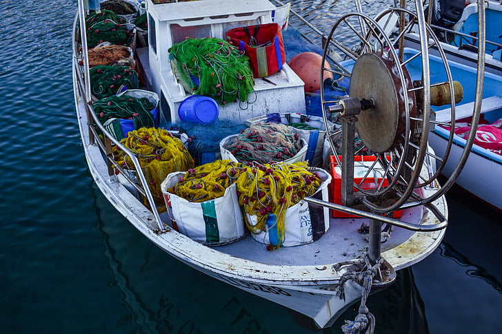 barco de pesca, tradicional, mar, Porto, Ilha, Mediterrâneo, equipamento de pesca