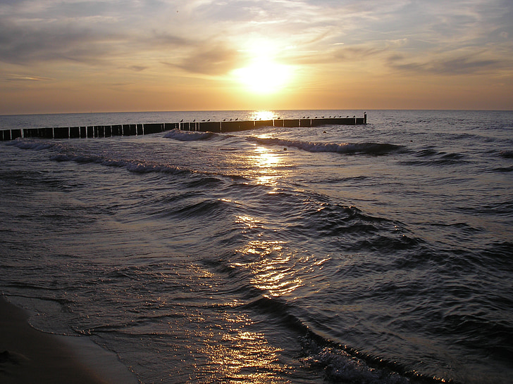 morze, Słońce, wybrzeża, Plaża, fale, zachód słońca, Piet