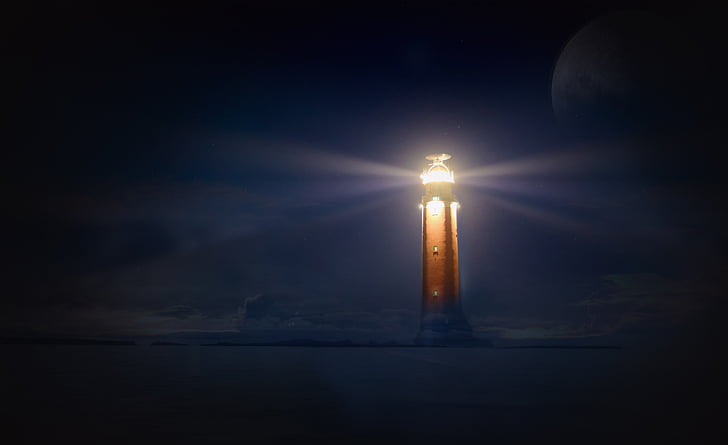 lighthouse, glow, night, sea, photo montage, atmospheric, darkness