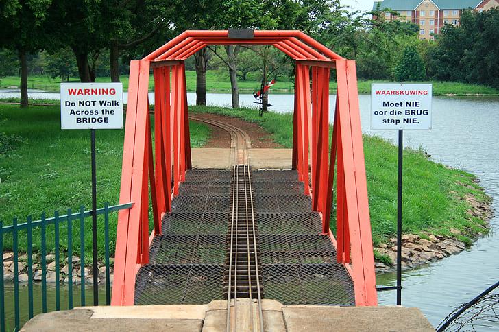 model train bridge, bridge, metal, red, gauge, track, narrow