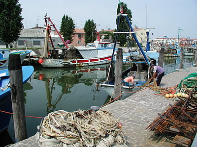 port, fishing boats, work, networks, sea, pier