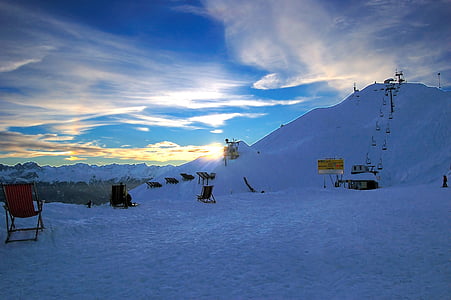 montagne, neve, sedie a sdraio, tramonto, cielo, bianco blu, sole
