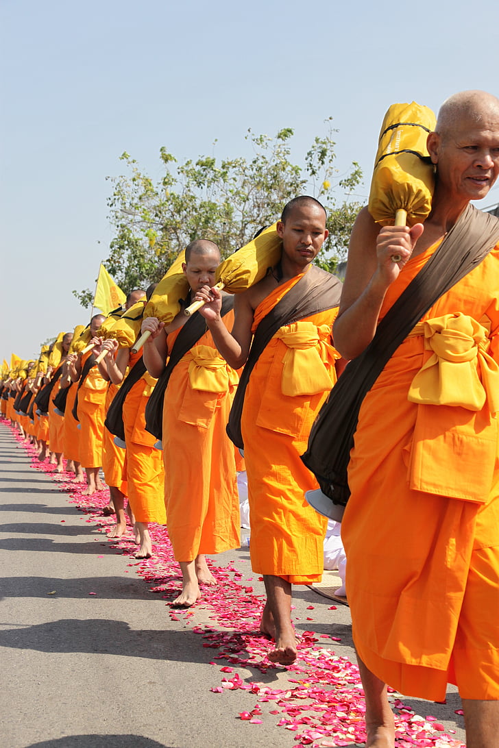 buddhalaisten, munkit, buddhalaisuus, kävellä, oranssi, kylpytakit, thai