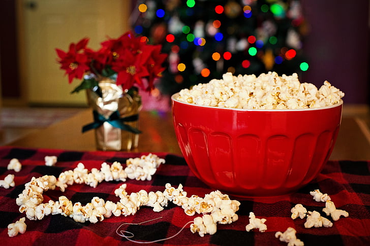 Popcorn, besträngning popcorn, jul, träd, sträng, majs, gammaldags
