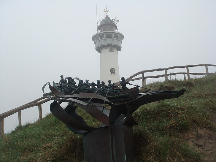 Lighthouse, Hill, grå, statue, båd, roere