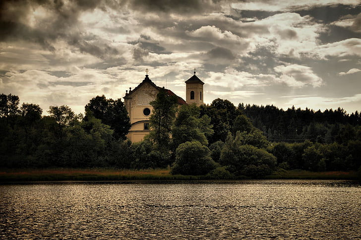 monastery, south bohemia, architecture, twilight, pond