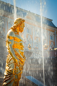 Peterhof, St. petersburg Rússia, fonte, estátua, água, Russo, Rússia
