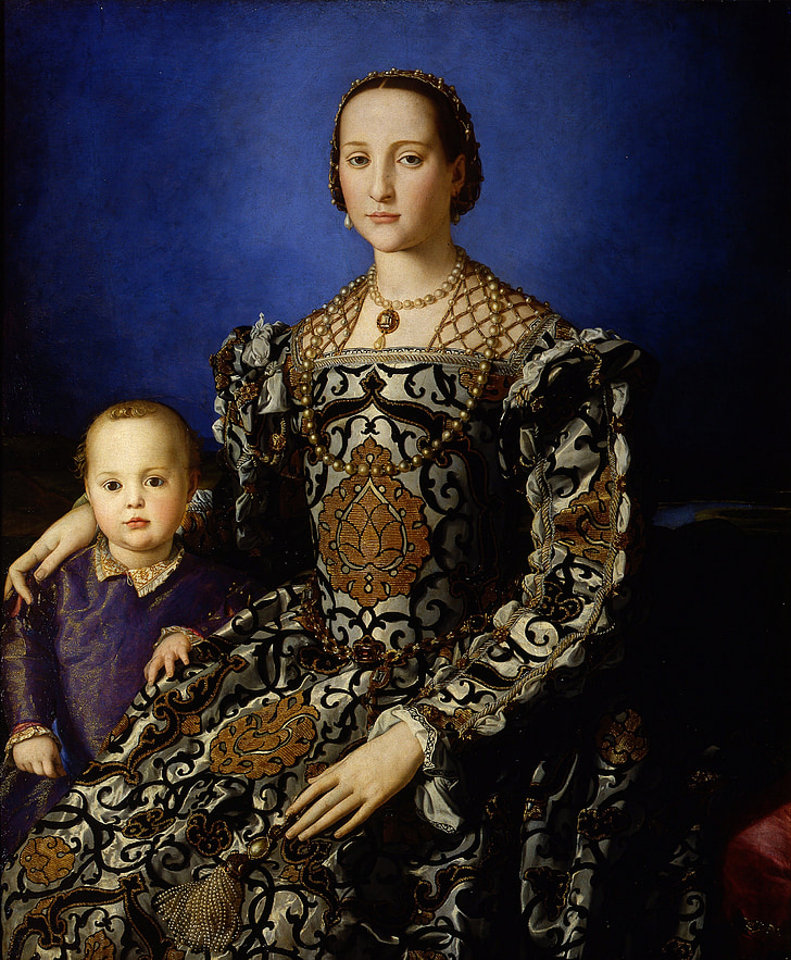 eleanor of toledo, woman, child, mother, painting, oil canvas, oil paints